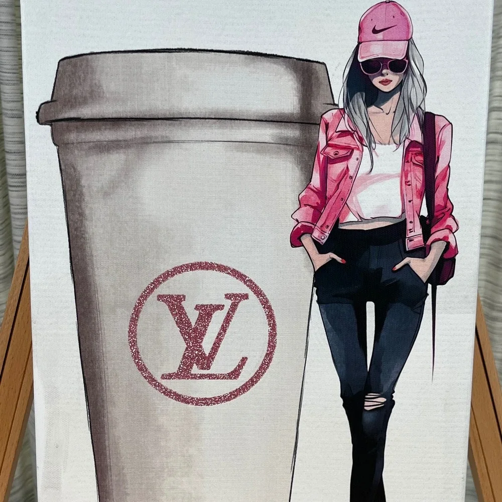 Burlington Canvas Wall Art Pink Women 10x20 Excellent LV Coffee Fashion Decor